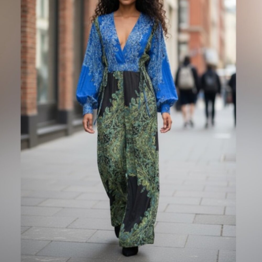 Free People Long Sleeves Color Blocking Jumpsuit "Blooming Fields"